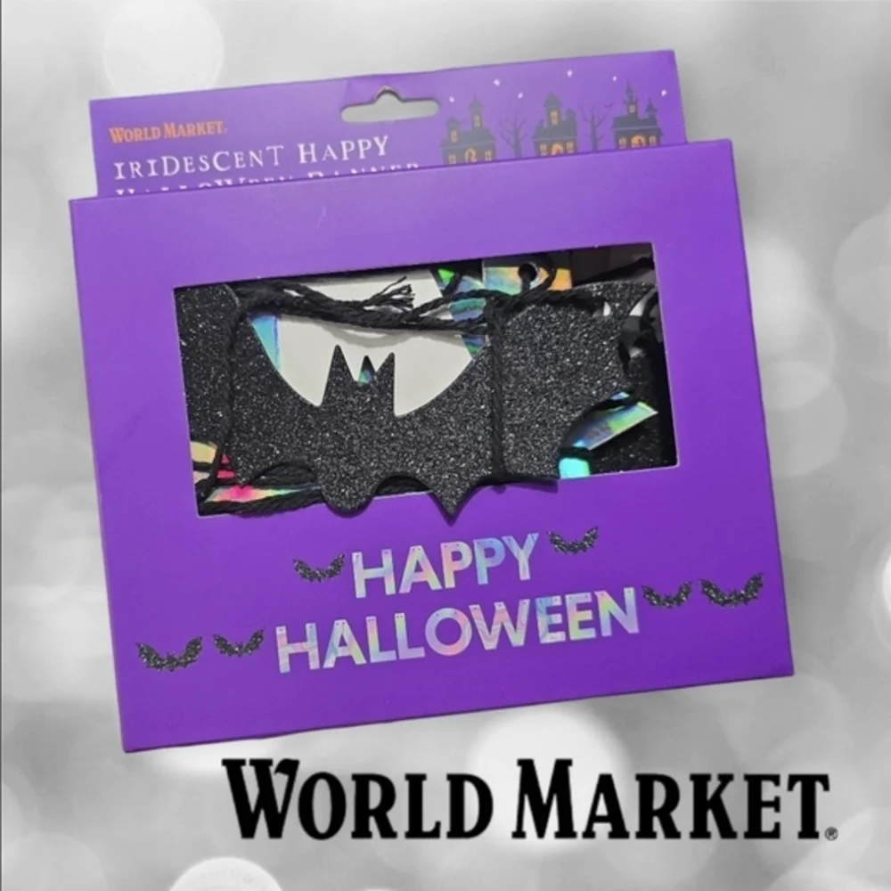 World Market Halloween Banner Iridescent‎ Happy Halloween Glitter Bats Black OS